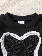 طقم قطعتين للبنات الصغيرات، ربيع/خريف، يتكون من تيشيرت بأكمام طويلة مضلعة مزينة بفراشة ثلاثية الأبعاد وبنطال واسع.