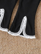 طقم قطعتين للبنات الصغيرات، ربيع/خريف، يتكون من تيشيرت بأكمام طويلة مضلعة مزينة بفراشة ثلاثية الأبعاد وبنطال واسع.