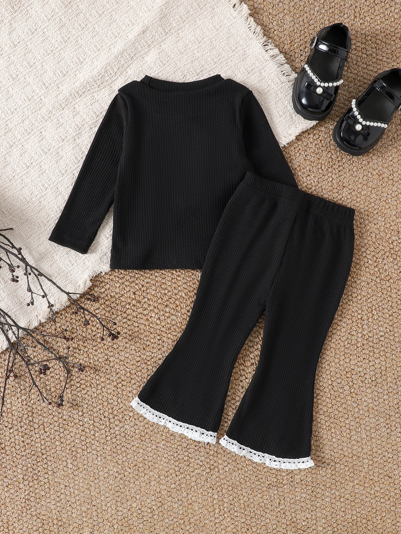 Baby Girls Spring/Autumn Long-sleeve 3D Butterfly Long-sleeve Ribbed T-shirt and Flared Pants Two-piece Set