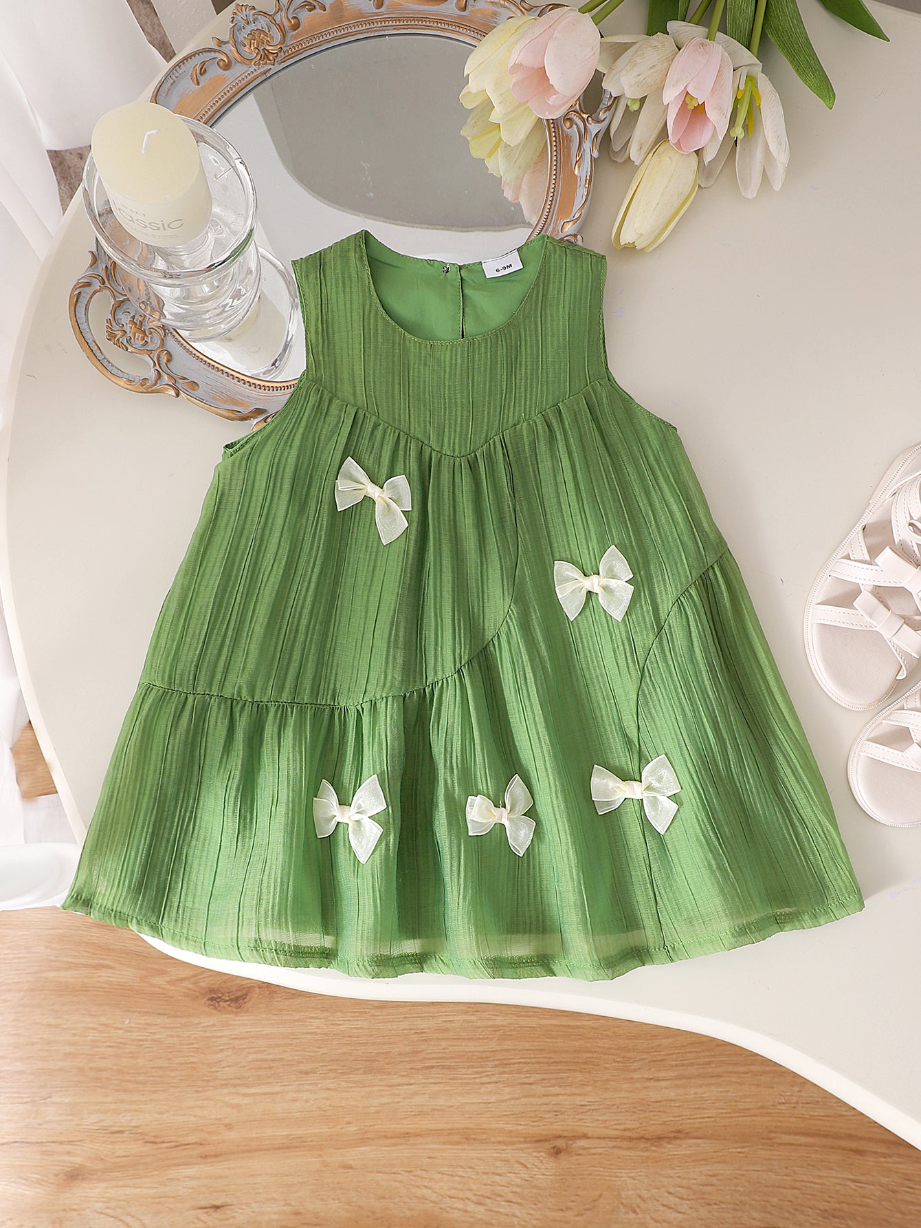 Baby Girls Green Sleeveless  Bowknot Texture Dress