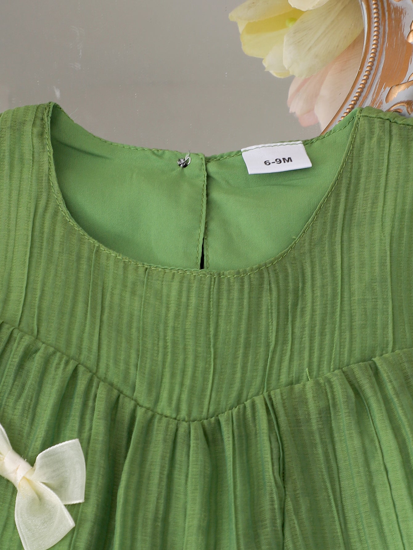 Baby Girls Green Sleeveless  Bowknot Texture Dress