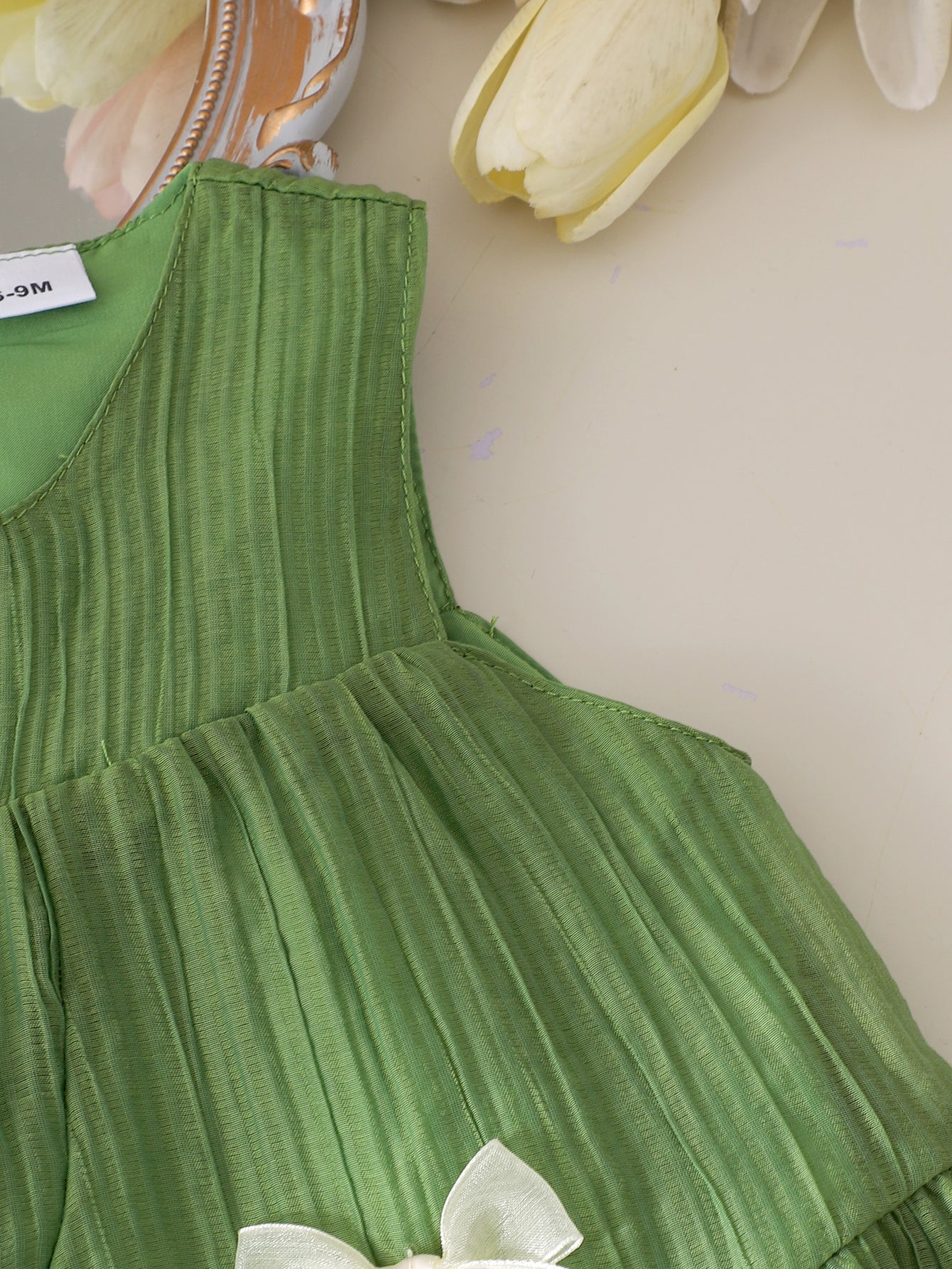 Baby Girls Green Sleeveless  Bowknot Texture Dress
