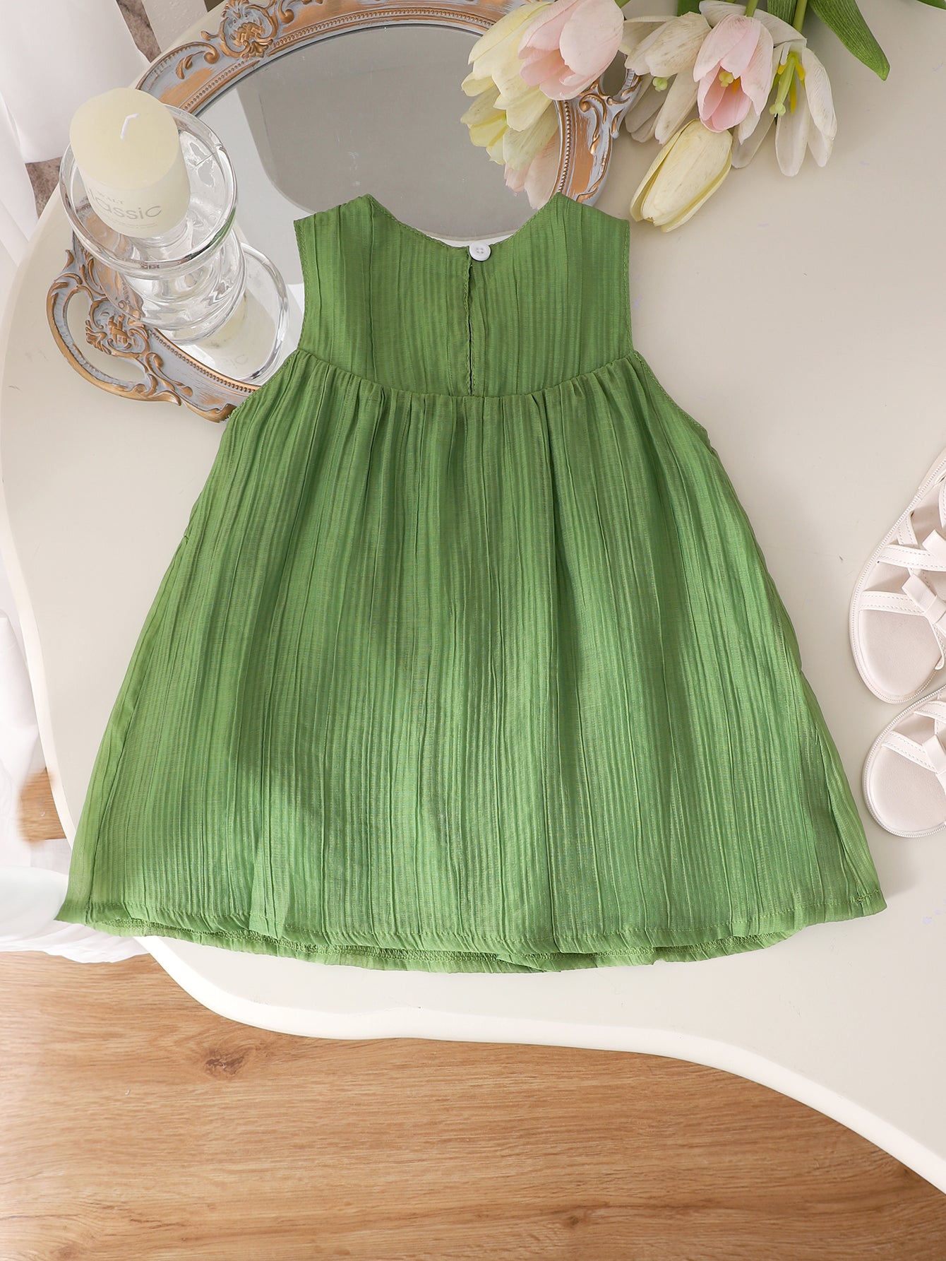 Baby Girls Green Sleeveless  Bowknot Texture Dress