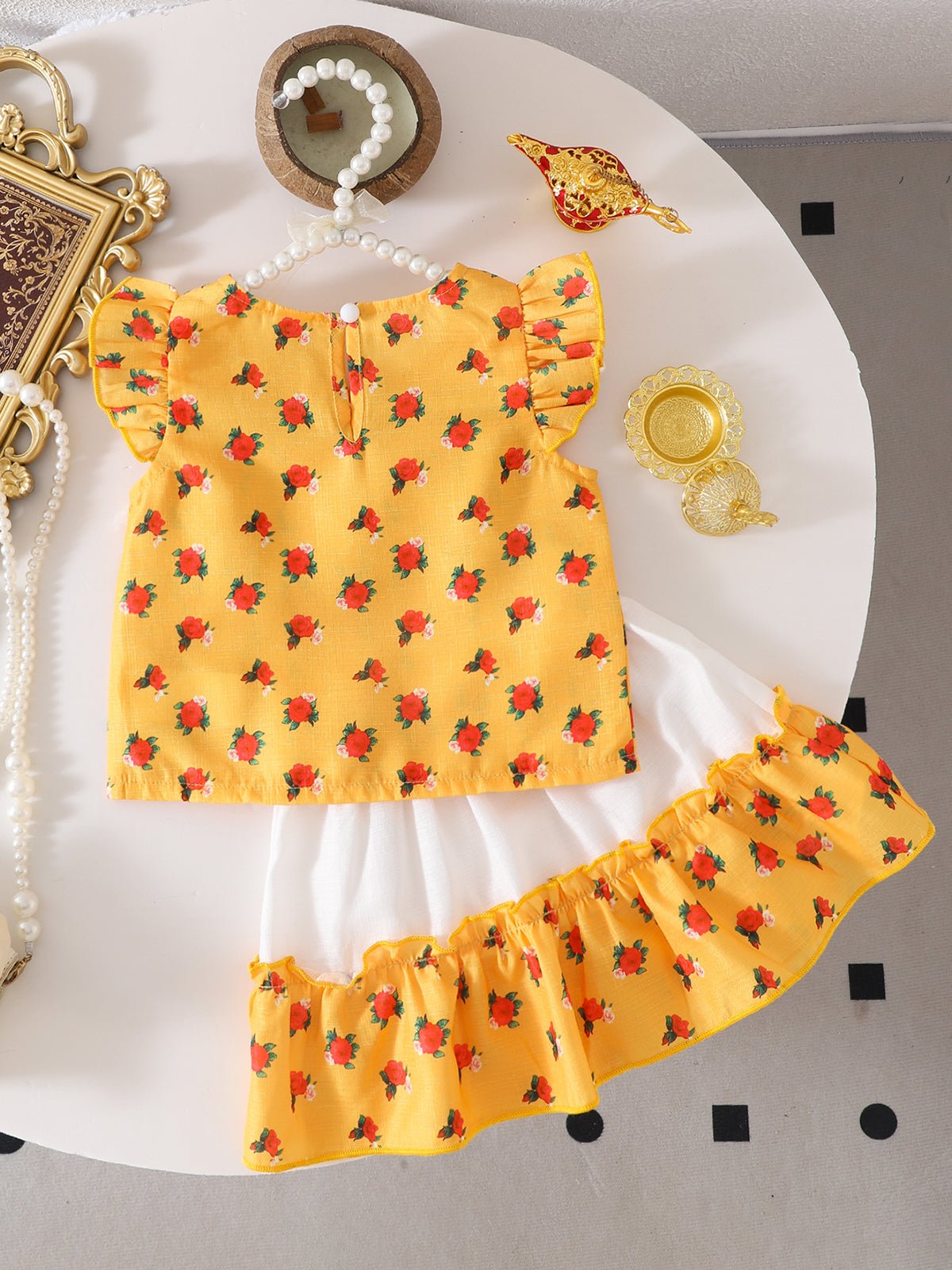 Baby Girl Summer Rose Print Flutter Sleeve Top and Skirt Two-Piece Set