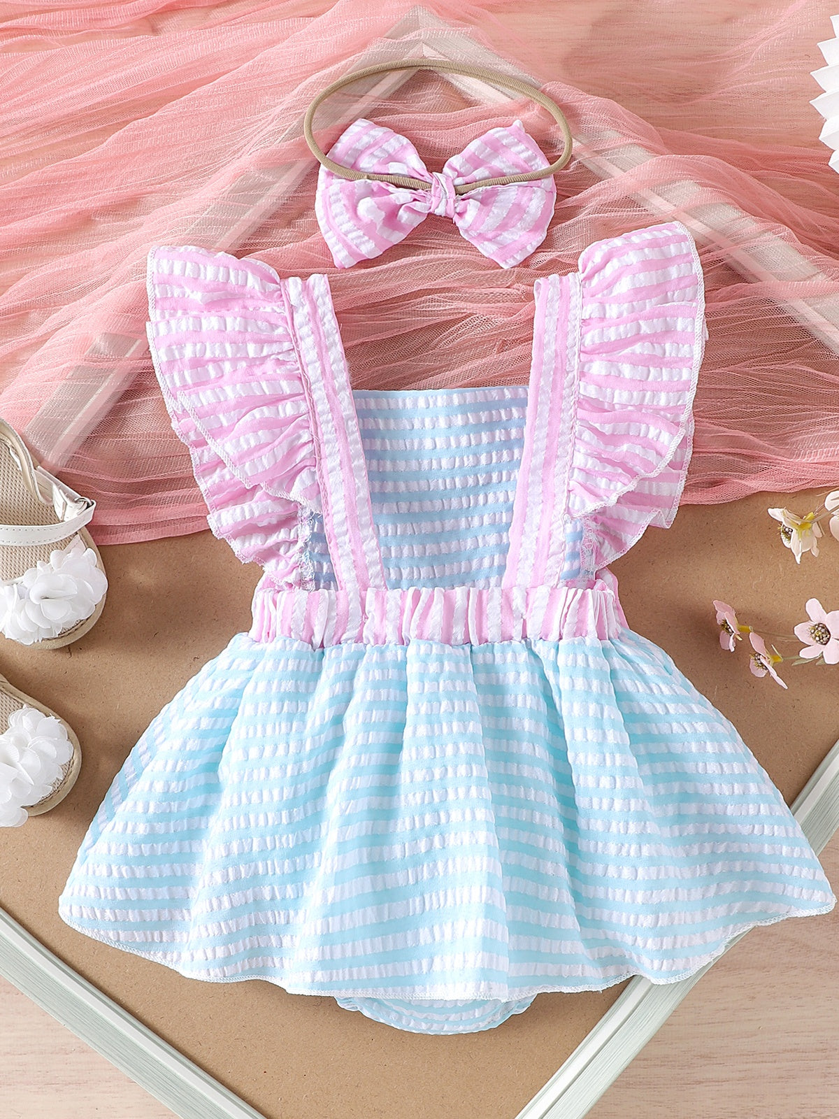 Baby Girls  Sleeveless Ruffle Texture Bowknot Dress Bodysuit