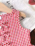 طقم بناتي أحمر بدون أكمام مزين بفيونكة وبنطال كاروهات