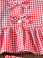 طقم بناتي أحمر بدون أكمام مزين بفيونكة وبنطال كاروهات