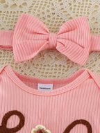 Newborn Pink Letter Pattern Ruffles Jumpsuit With Headband