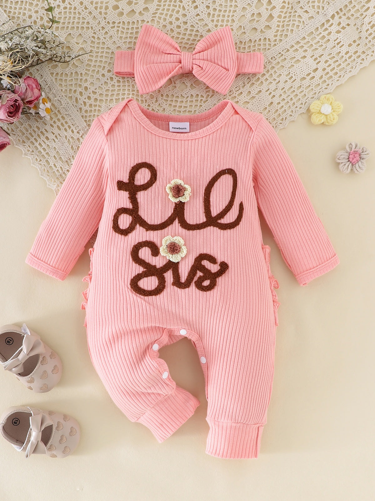 Newborn Pink Letter Pattern Ruffles Jumpsuit With Headband
