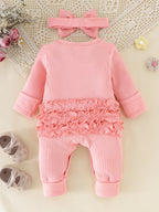 Newborn Pink Letter Pattern Ruffles Jumpsuit With Headband
