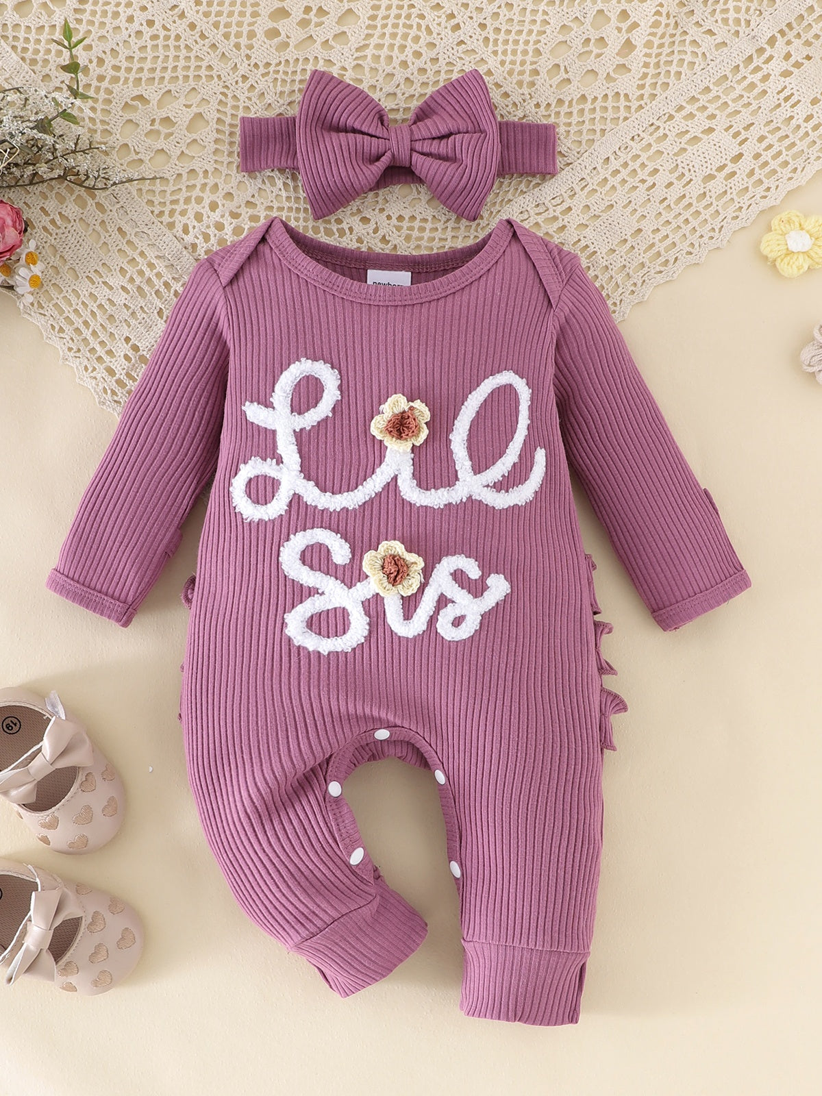 Newborn Purple Letter Pattern Ruffles Jumpsuit With Headband