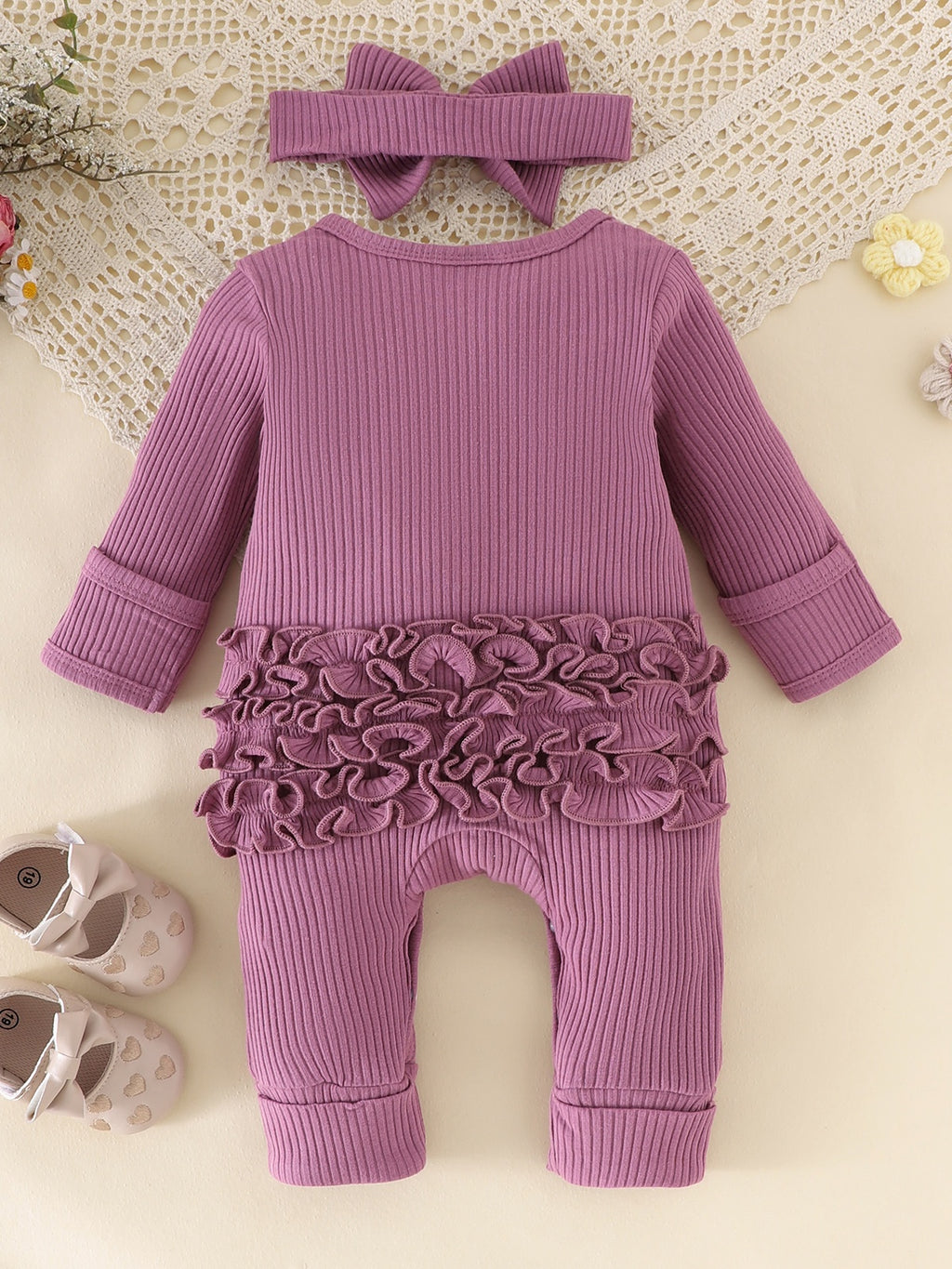 Newborn Purple Letter Pattern Ruffles Jumpsuit With Headband
