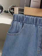 طقم صيفي مكون من قطعتين للفتيات الصغيرات، بلوزة بأكمام واسعة مزينة بفيونكة وشورت جينز