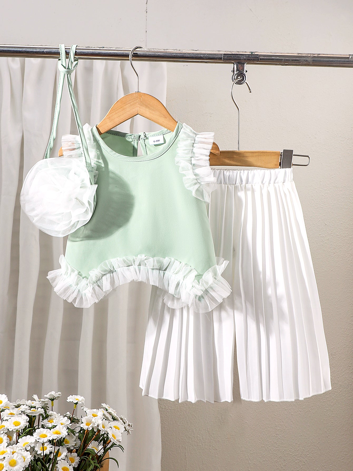 Baby Girls Green Sleeveless Irregular Top And Long Pleated Skirt With One Bag Three-Piece Set