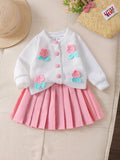 Baby Girls Spring/Autumn Long-Sleeve 3D Floral Knitted Cardigan and Pink Pleated Skirt Two-Piece Set