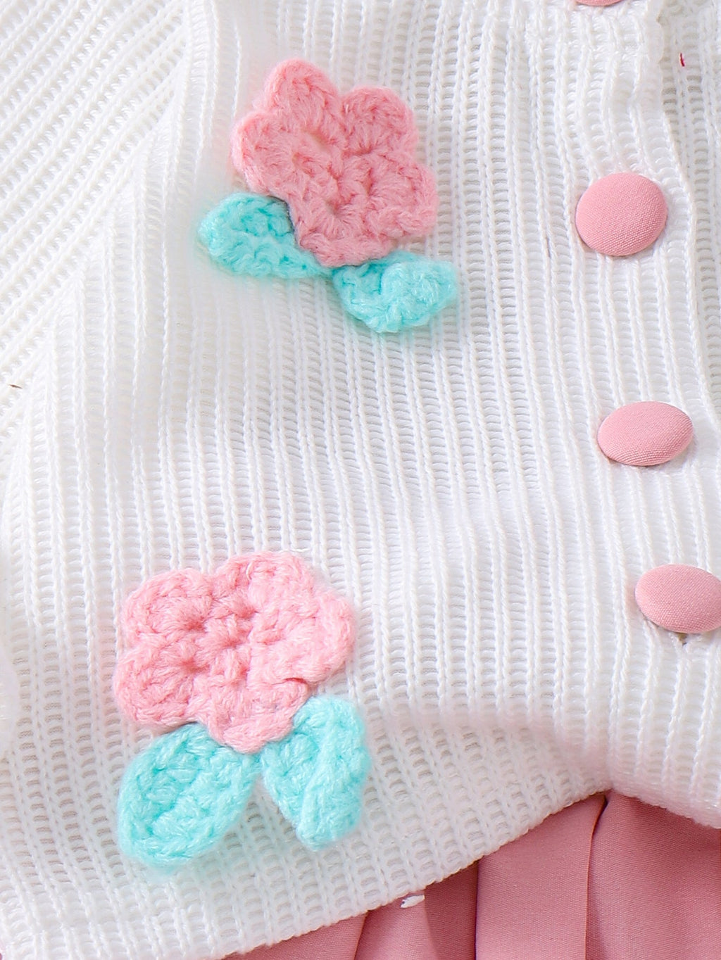 Baby Girls Spring/Autumn Long-Sleeve 3D Floral Knitted Cardigan and Pink Pleated Skirt Two-Piece Set