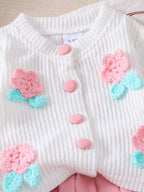 Baby Girls Spring/Autumn Long-Sleeve 3D Floral Knitted Cardigan and Pink Pleated Skirt Two-Piece Set