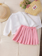 Baby Girls Spring/Autumn Long-Sleeve 3D Floral Knitted Cardigan and Pink Pleated Skirt Two-Piece Set