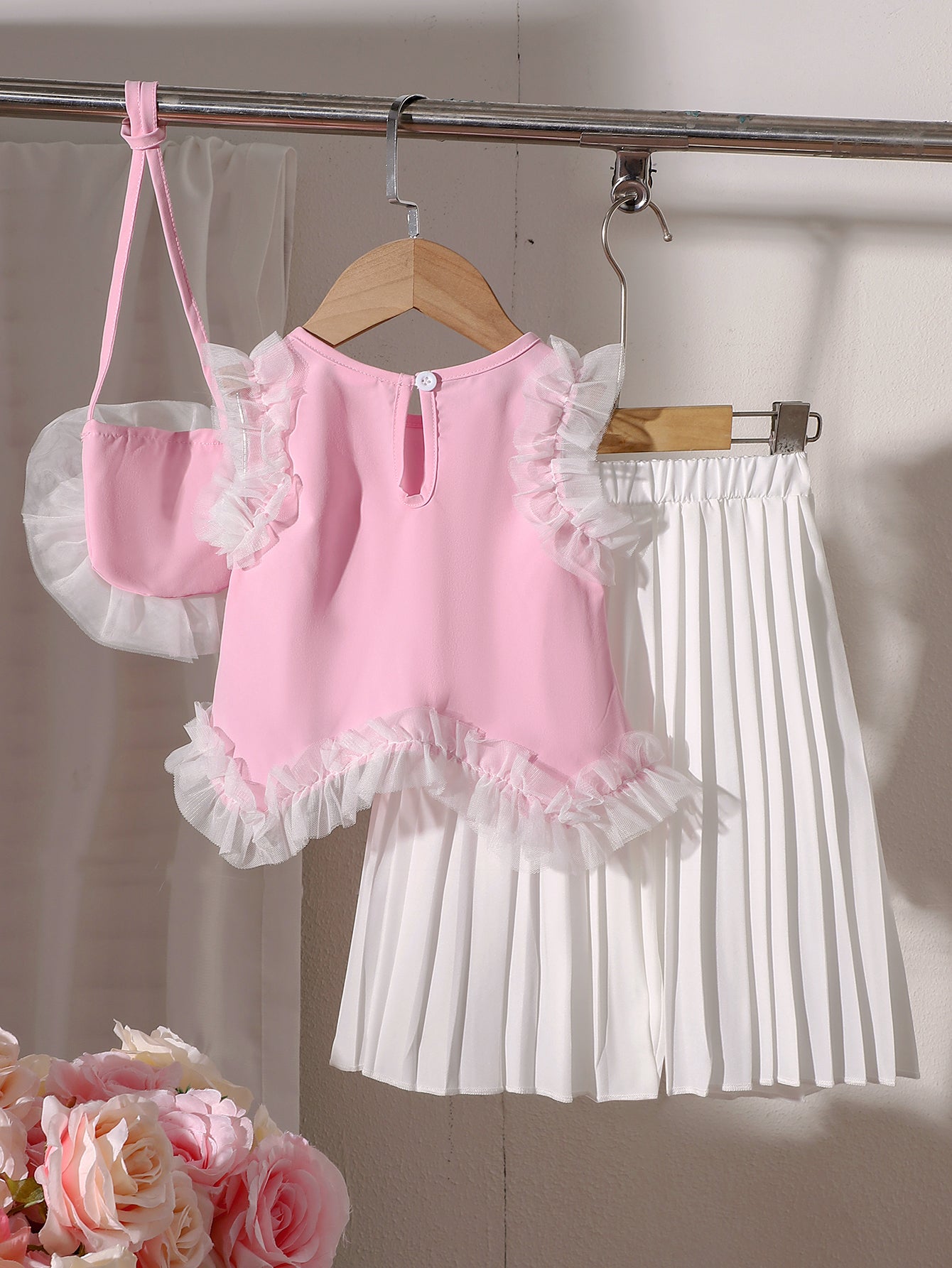 Baby Girls Pink Sleeveless Irregular Top And Long Pleated Skirt With One Bag Three-Piece Set