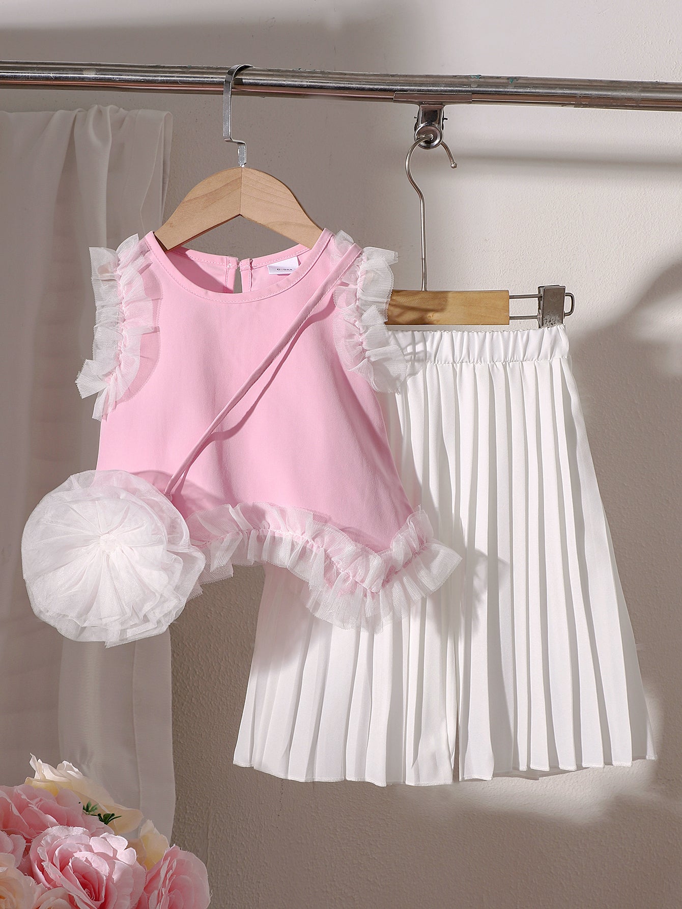 Baby Girls Pink Sleeveless Irregular Top And Long Pleated Skirt With One Bag Three-Piece Set