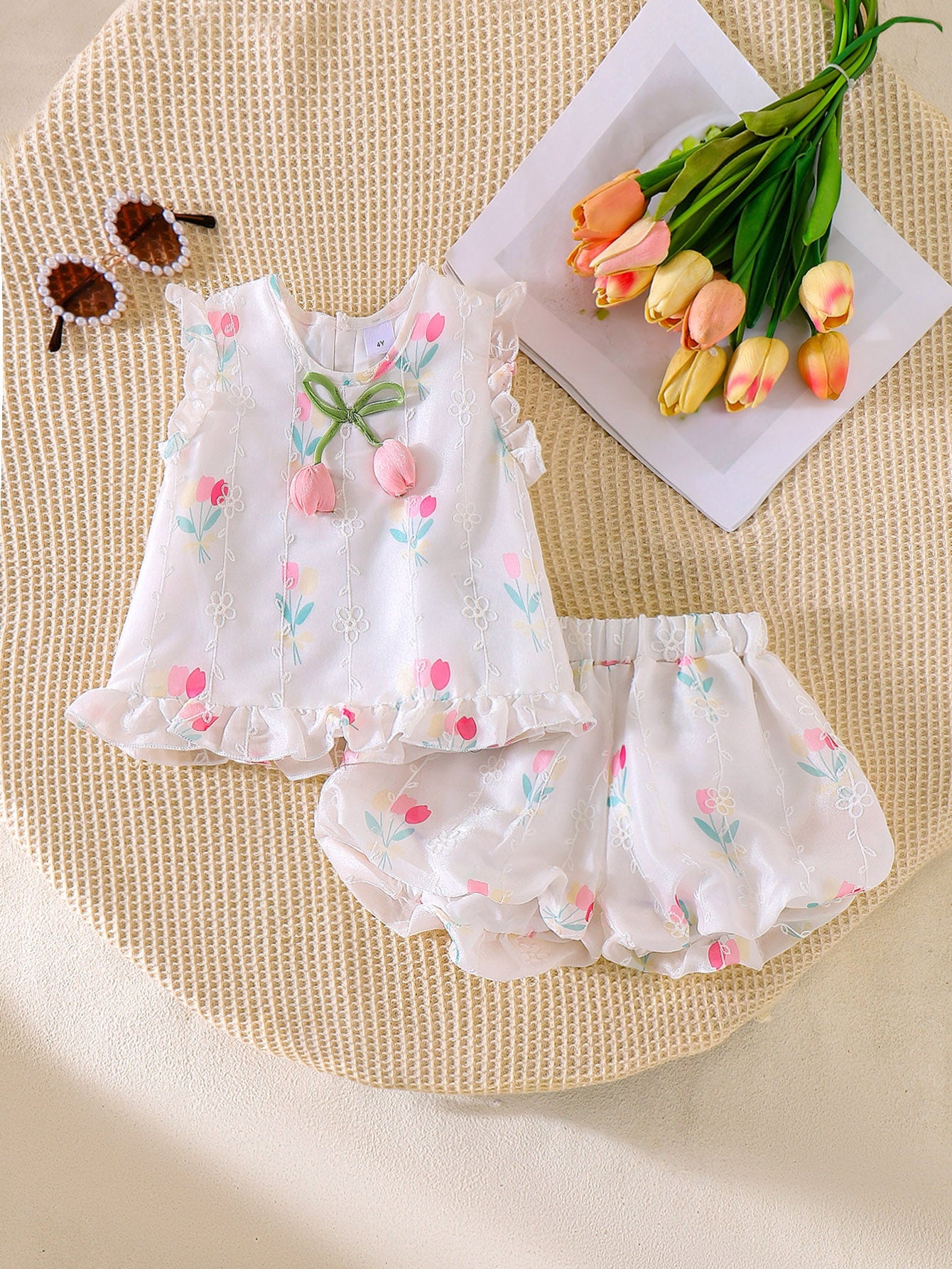 Girls Sleeveless Ruffle Texture  Flower Print Top And Short Pants Two-Piece Set
