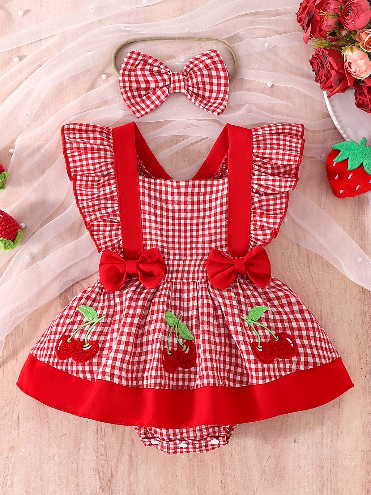 Baby Girls Red Plaid Cherry Bow Dress Bodysuit With Headband