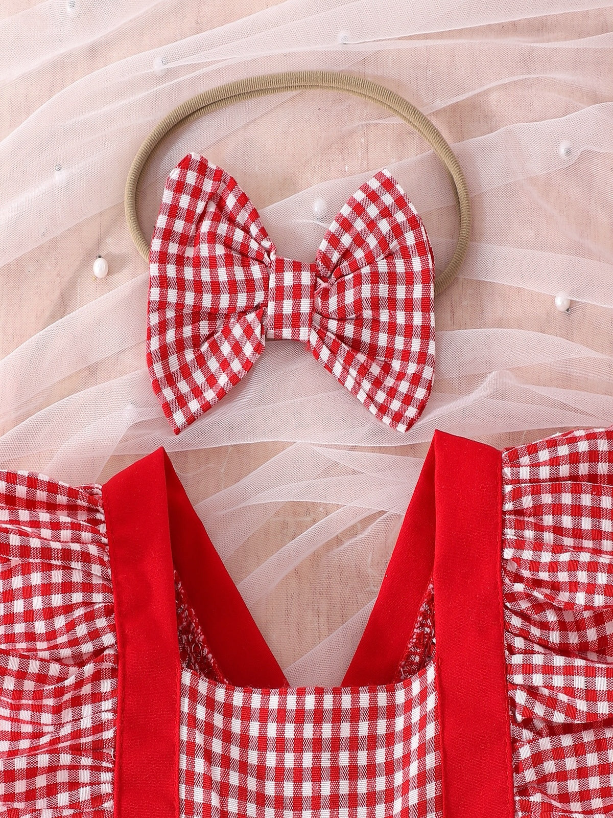 Baby Girls Red Plaid Cherry Bow Dress Bodysuit With Headband