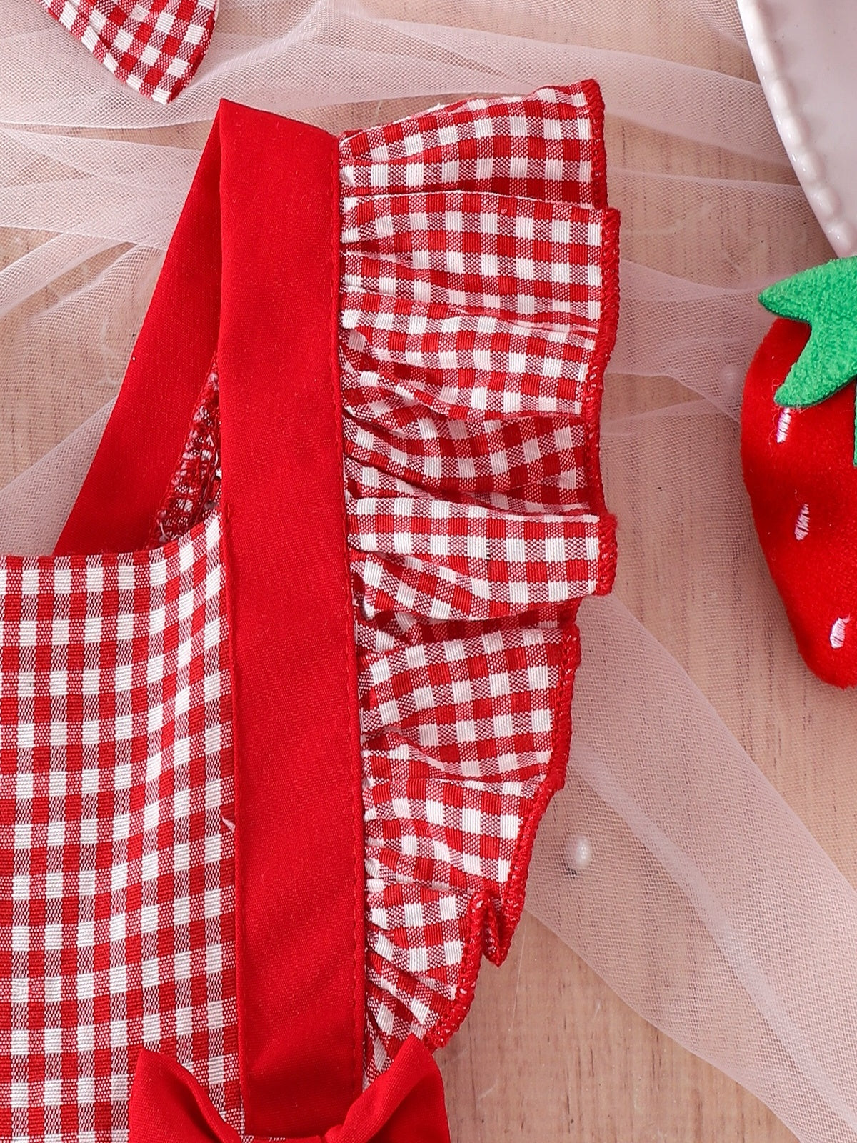 Baby Girls Red Plaid Cherry Bow Dress Bodysuit With Headband