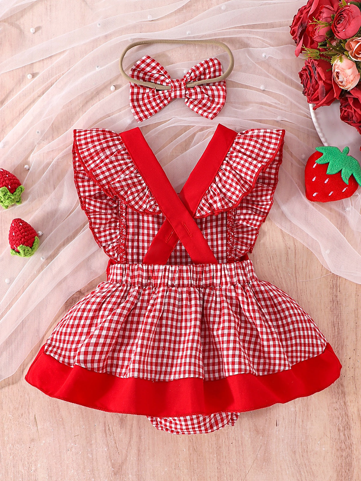 Baby Girls Red Plaid Cherry Bow Dress Bodysuit With Headband