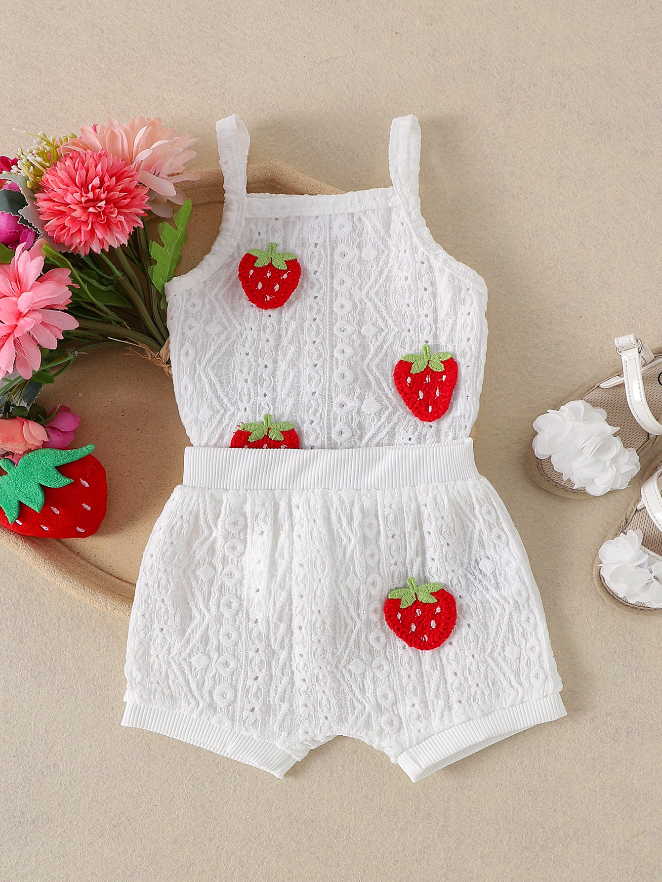 Baby Girls Strawberry White Bodysuit And Shorts Sets
