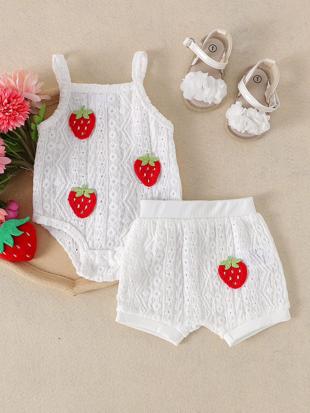Baby Girls Strawberry White Bodysuit And Shorts Sets