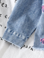 طقم قطعتين للربيع والخريف للبنات الصغيرات: جاكيت جينز بأكمام طويلة مزين بفيونكة مطرزة وبنطال جينز