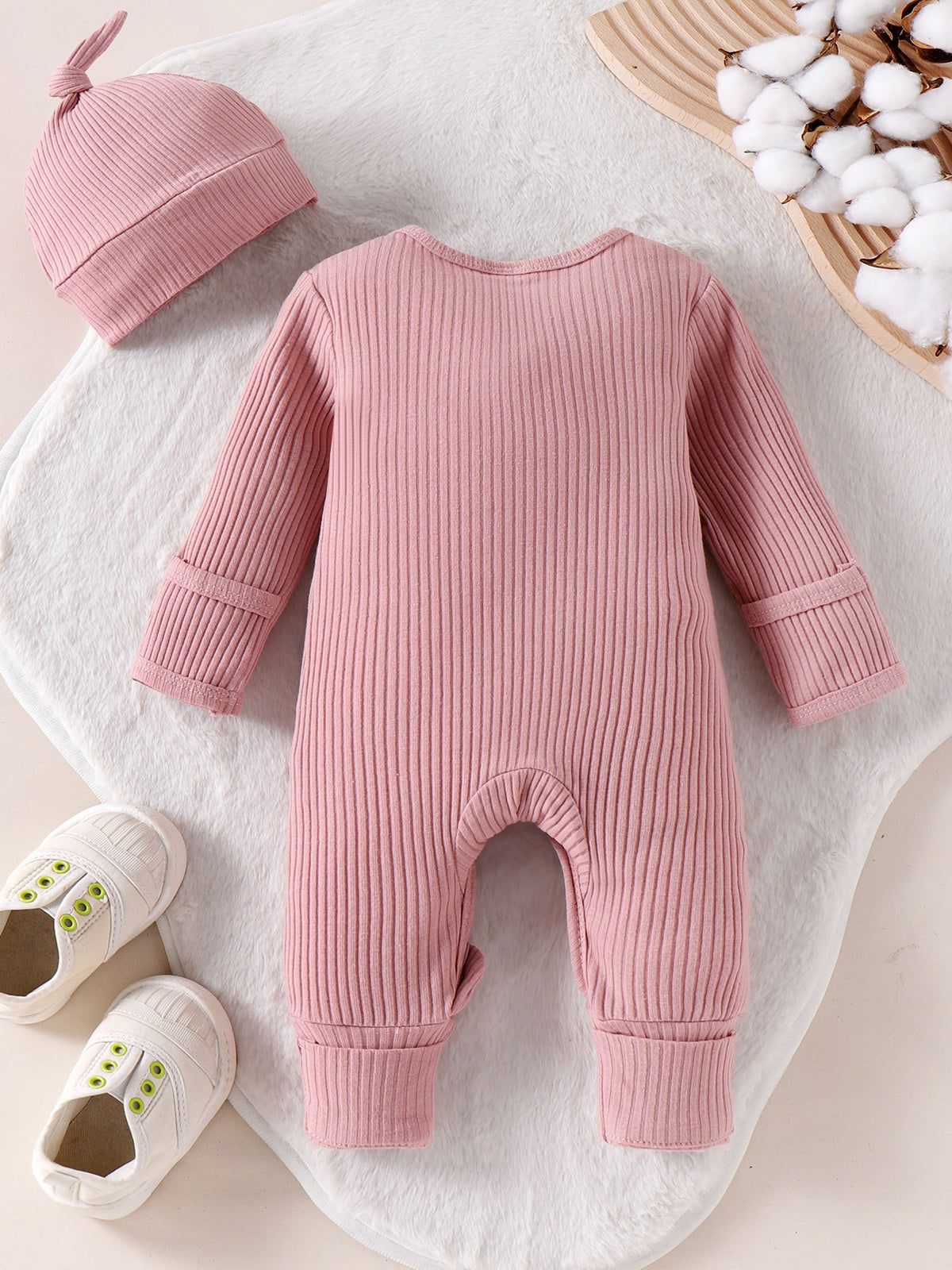 Newborn Basic Pink Solid Cotton Jumpsuit With Hat