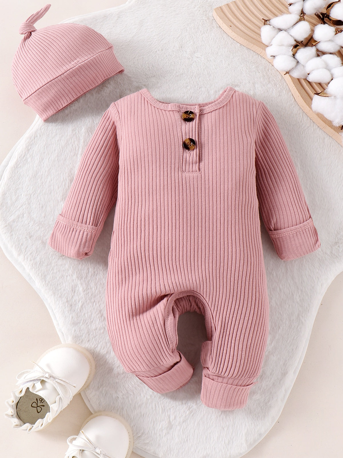 Newborn Basic Pink Solid Cotton Jumpsuit With Hat