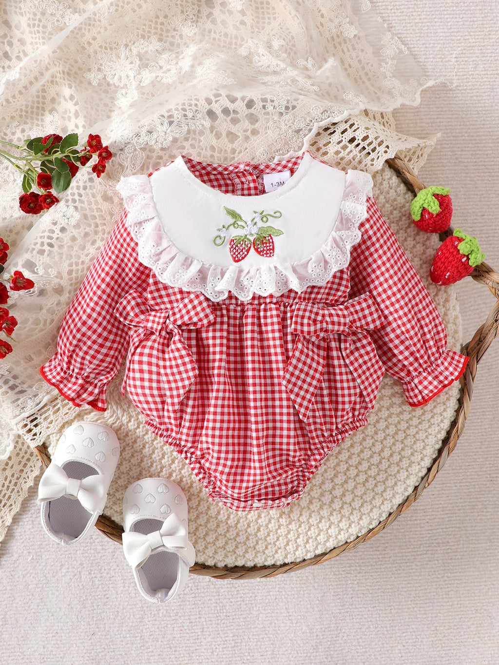 Baby Girls Long-sleeve Plaid Bodysuit with Bow Decoration and Strawberry Embroidery Pattern