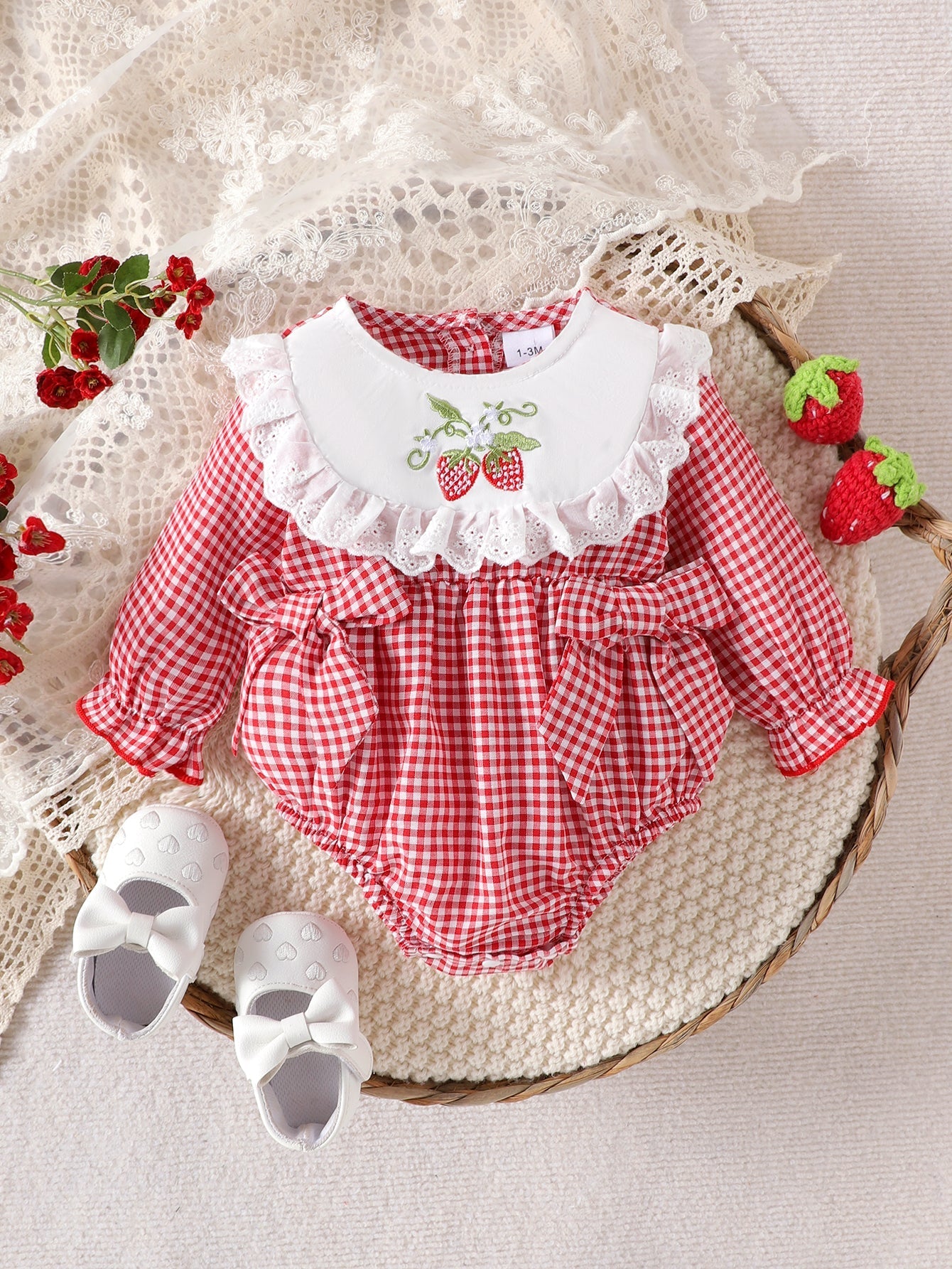 Baby Girls Long-sleeve Plaid Bodysuit with Bow Decoration and Strawberry Embroidery Pattern