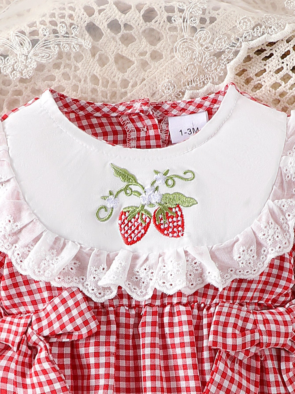 Baby Girls Long-sleeve Plaid Bodysuit with Bow Decoration and Strawberry Embroidery Pattern