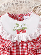 Baby Girls Long-sleeve Plaid Bodysuit with Bow Decoration and Strawberry Embroidery Pattern