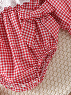 Baby Girls Long-sleeve Plaid Bodysuit with Bow Decoration and Strawberry Embroidery Pattern