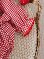 Baby Girls Long-sleeve Plaid Bodysuit with Bow Decoration and Strawberry Embroidery Pattern