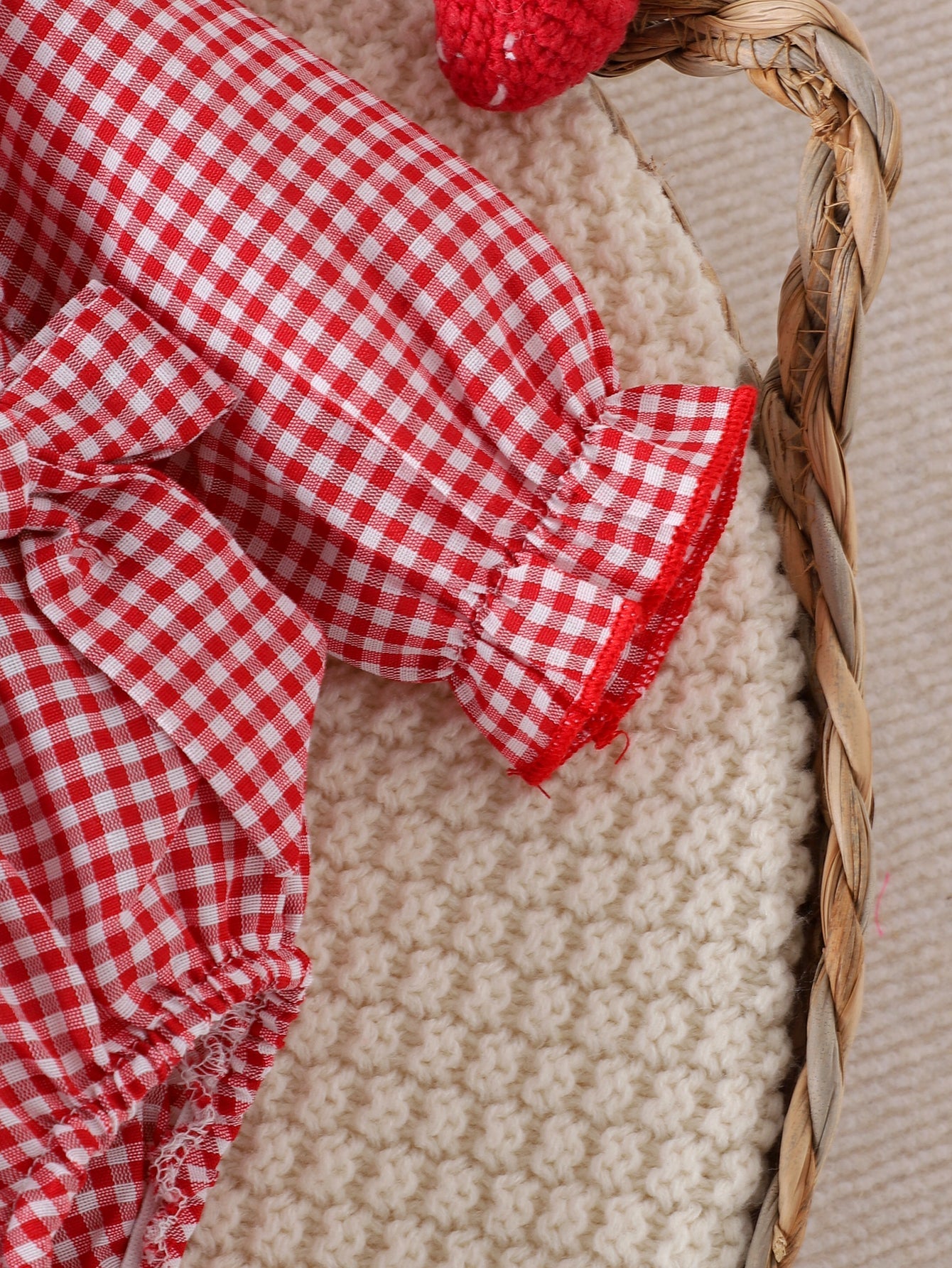 Baby Girls Long-sleeve Plaid Bodysuit with Bow Decoration and Strawberry Embroidery Pattern