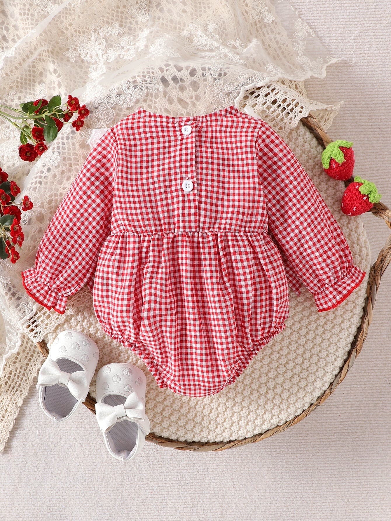 Baby Girls Long-sleeve Plaid Bodysuit with Bow Decoration and Strawberry Embroidery Pattern