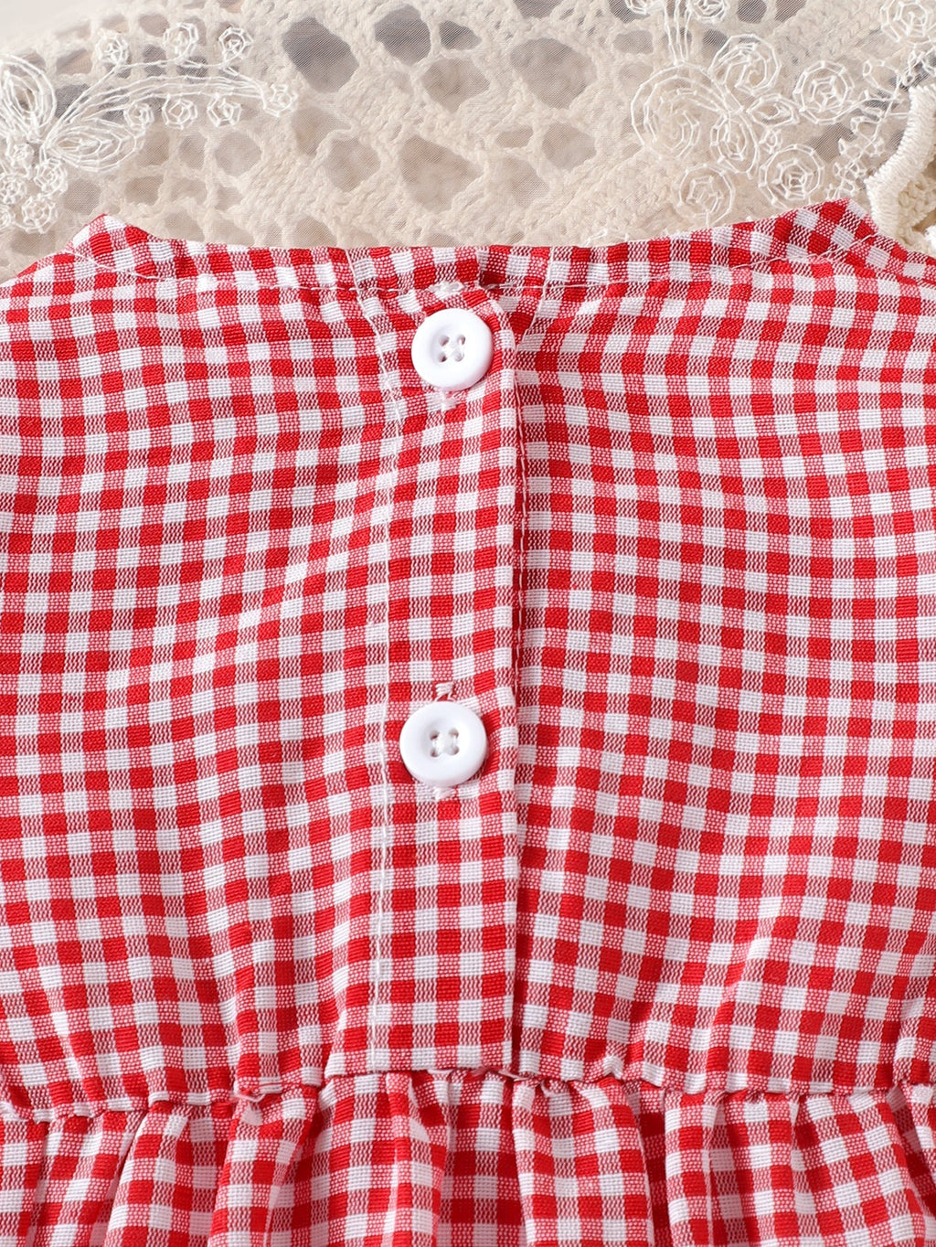 Baby Girls Long-sleeve Plaid Bodysuit with Bow Decoration and Strawberry Embroidery Pattern