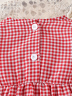 Baby Girls Long-sleeve Plaid Bodysuit with Bow Decoration and Strawberry Embroidery Pattern