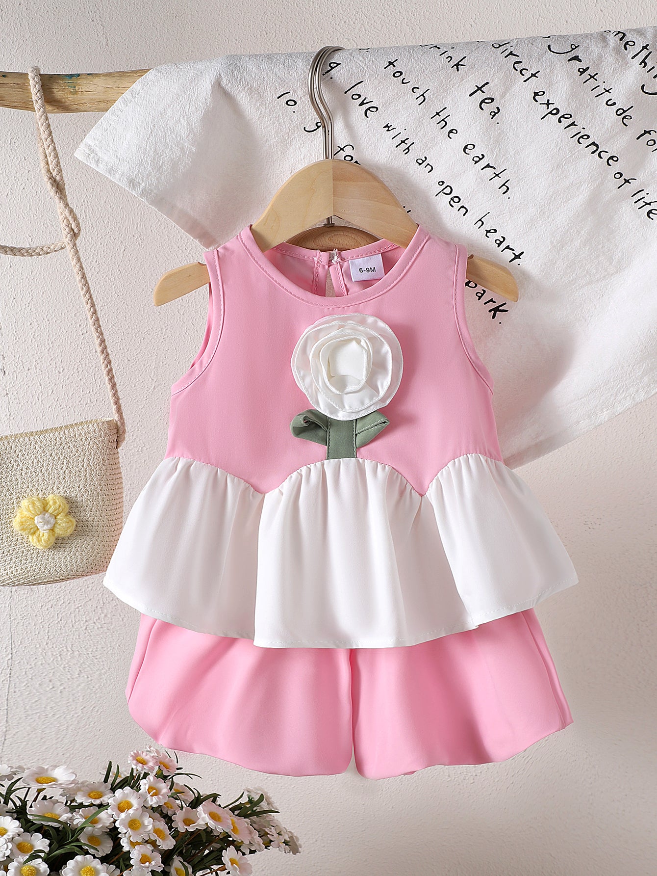 Baby Girls Sleeveless 3D Flower Top And Pants  Two-Piece Set