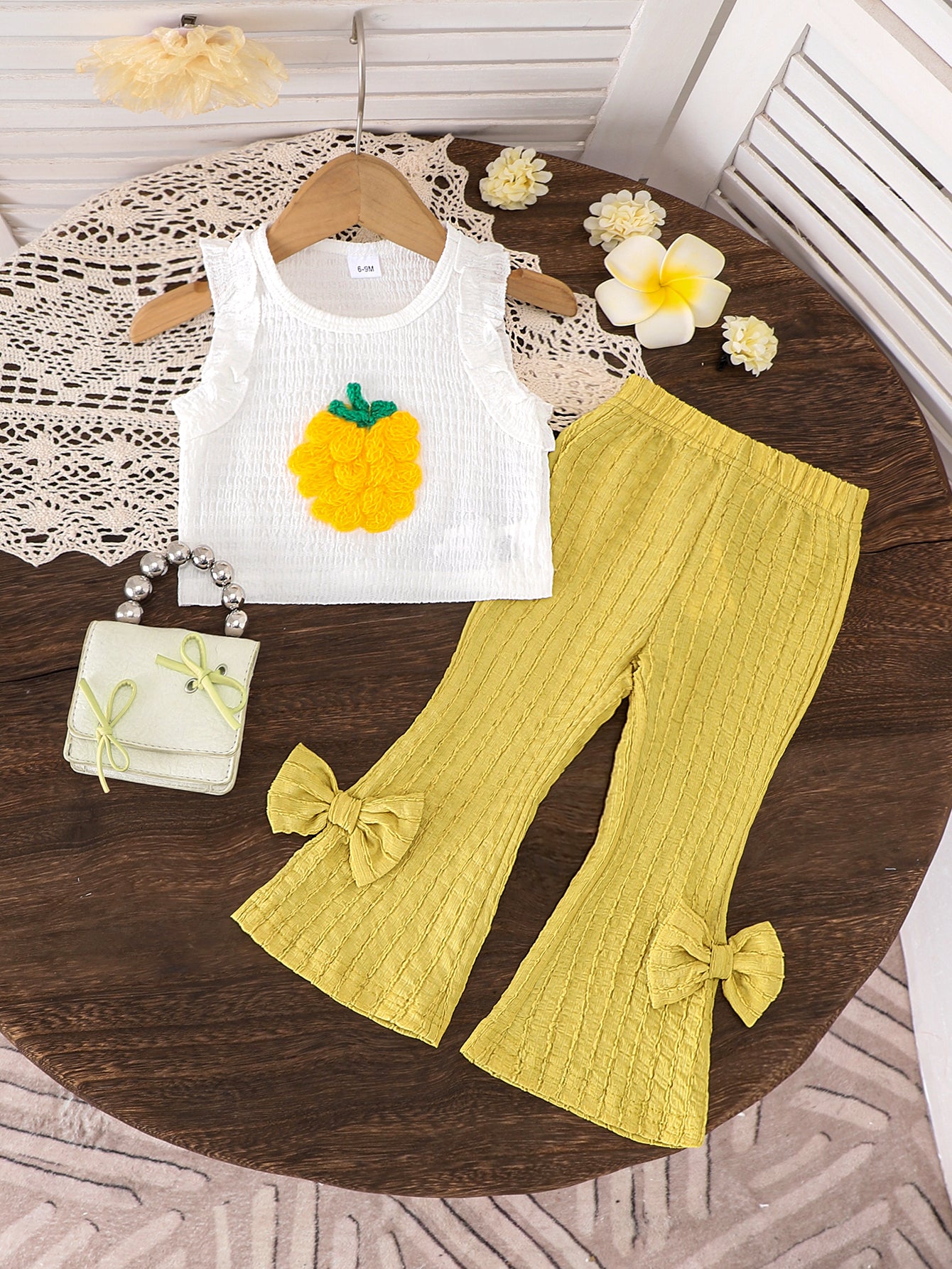 Girls White Sleeveless Ruffle Top And Bowknot  Pants Two-Piece Set