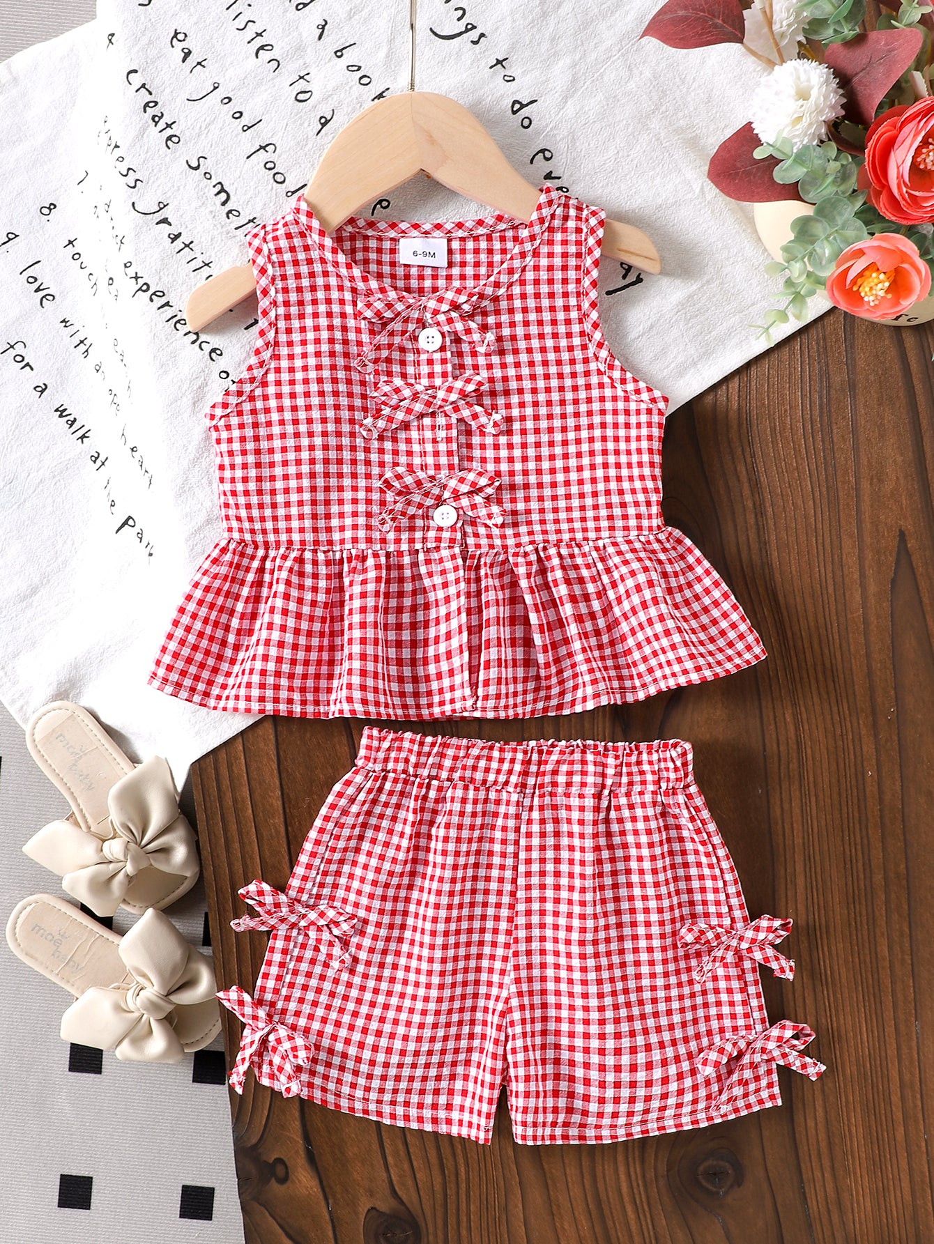 Girls' Red Sleeveless Bow Tie Plaid Top And Pants  Two-Piece Set