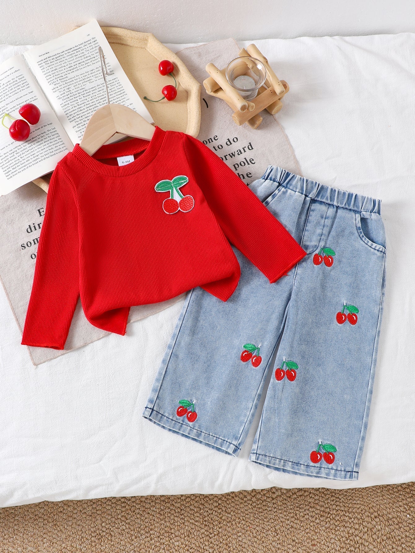 Baby Girls Spring/Autumn Long-sleeve Red Ribbed Top and Cherry Rmbroidered Teans Two-piece Set