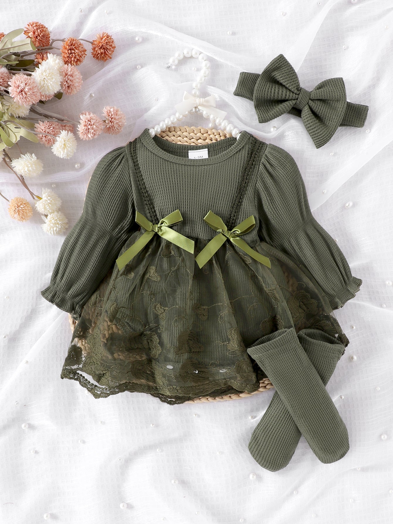 Baby Girls Spring/Autumn Long-sleeve Waffle Mesh Dress Bodysuit, Bow Headband and Socks Three-piece set