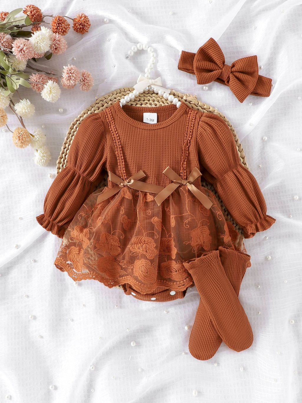 Baby Girls Spring/Autumn Long-sleeve Waffle Mesh Dress Bodysuit, Bow Headband and Socks Three-piece set